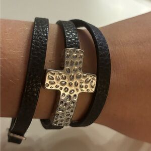 Black Leather Wrap Bracelet with Silver Cross